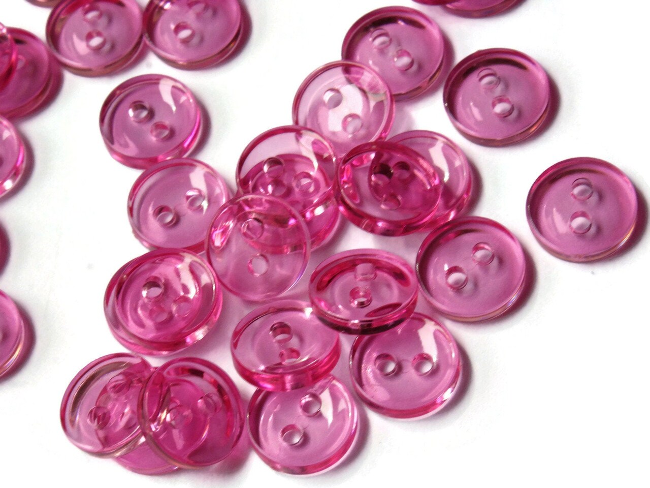 50 11mm Clear Dark Pink Buttons Round Plastic Two Hole Buttons